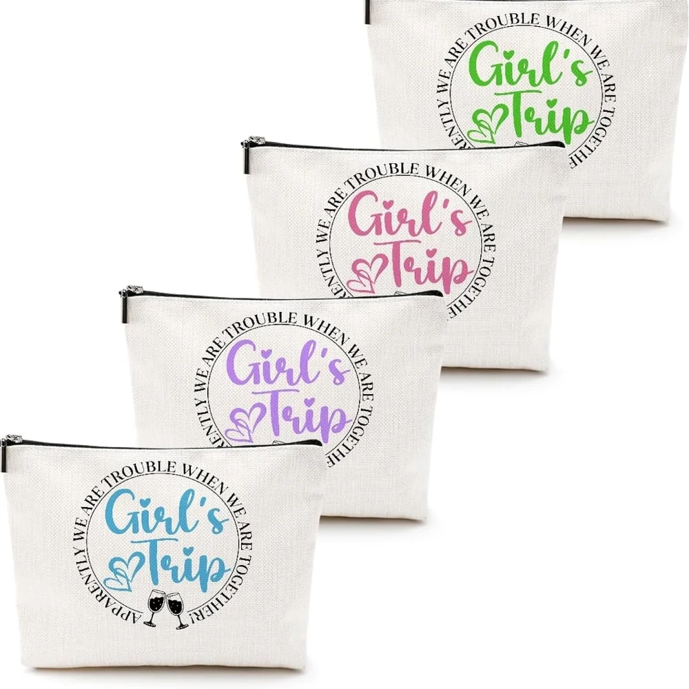 4Pcs Girls Trip Canvas Makeup Bag Set White Zipper Travel Toiletry Pouches 9.6in